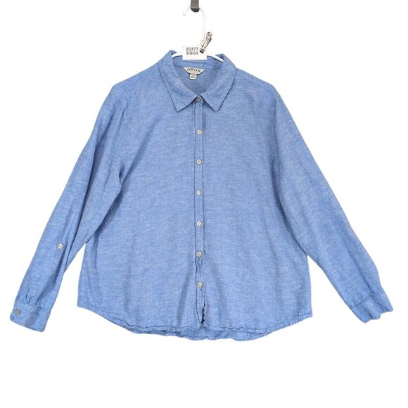 Orvis Women's XL Blue Linen Blend Button Up Shirt, Pearl Buttons Coastal Beachy - Picture 1 of 6